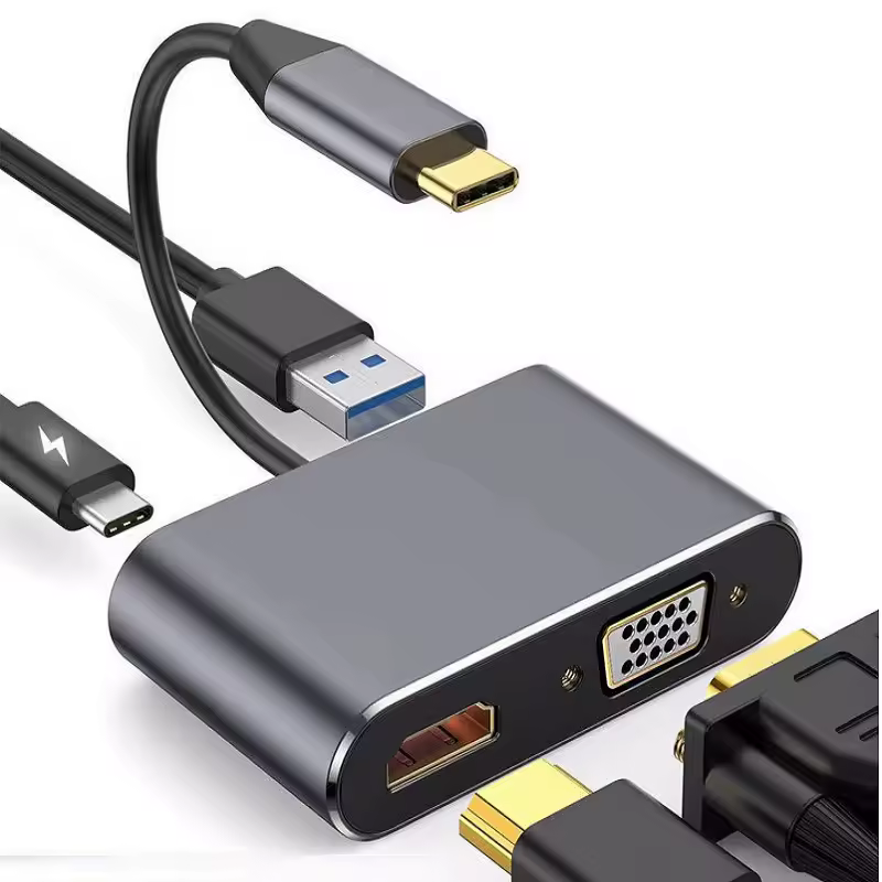 4 в 1 USB-C хаб‑адаптер: Type‑C до HDMI, VGA, USB 3.0 та PD‑зарядка