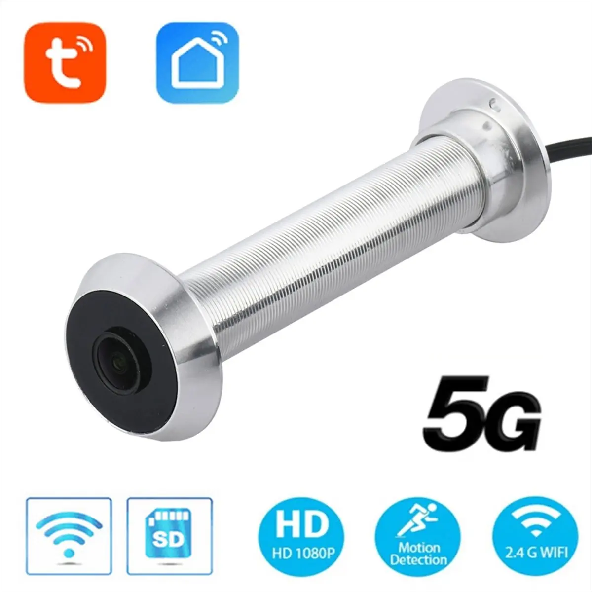 (A43I) 1080P Дверна камера через глазок, Wi‑Fi, IR нічне бачення, Tuya Smart Life, європейський штекер, сріблястий