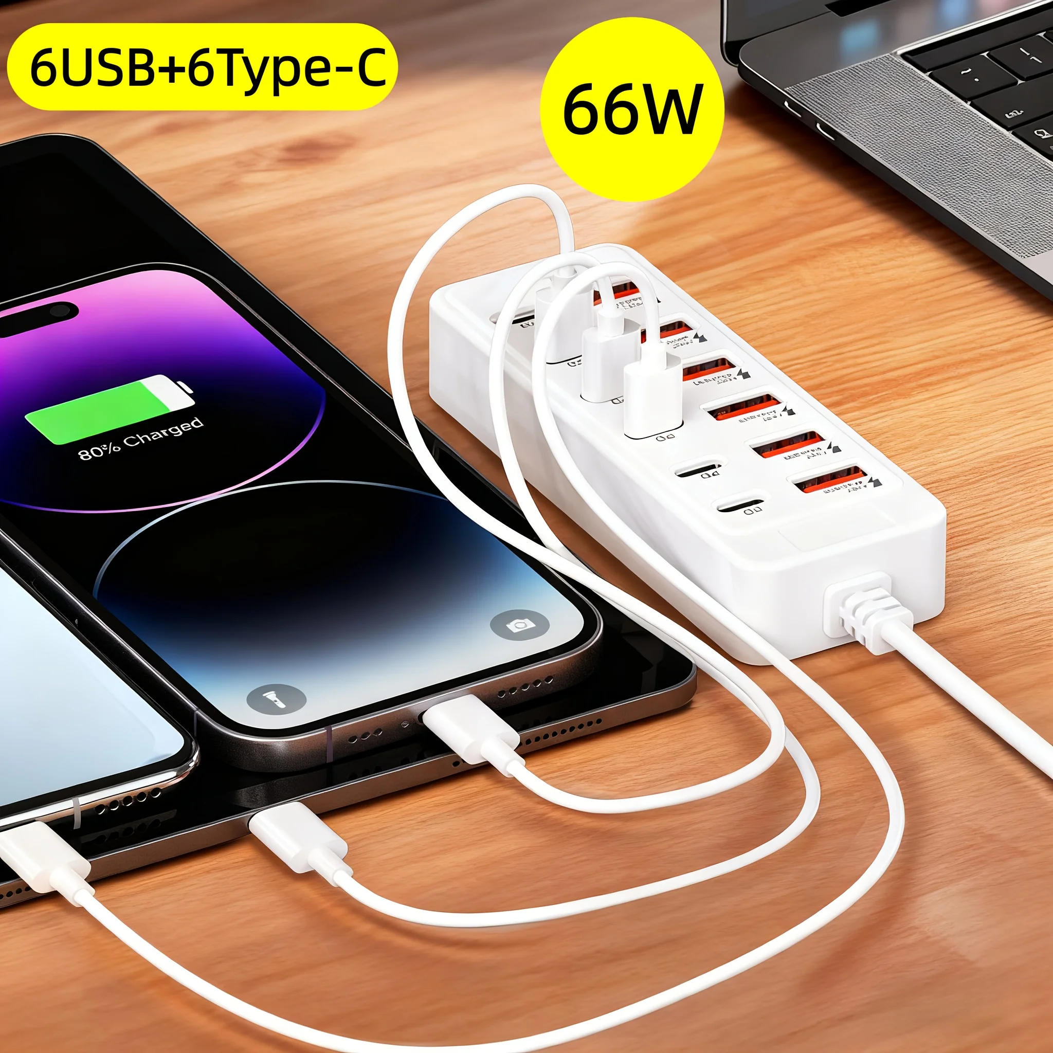 Быстрозарядное многопортовое зарядное устройство с 6 USB-портами и индикатором мощности (USB-C/USB-A)