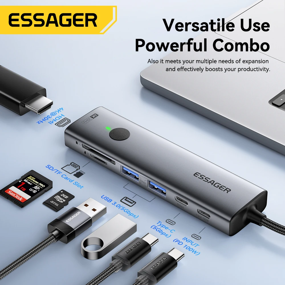 Essager USB-C HUB 4K 7-в-1: Type-C до HDMI PD 100W, SD/TF, USB 3.0 5Gbps, мультипорт адаптер