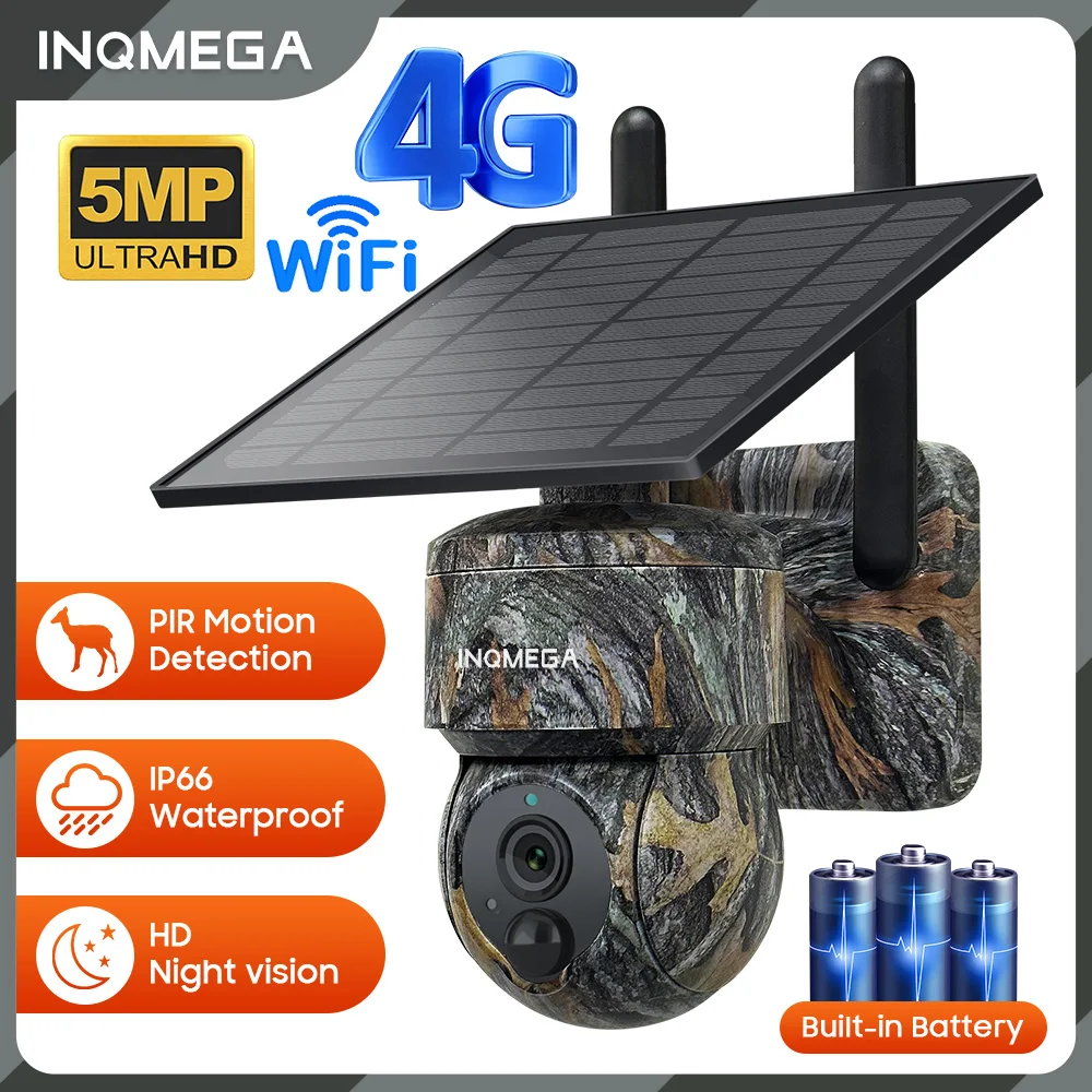 INQMEGA 5MP бездротова сонячна камера зовнішнього використання: 4G/Wi-Fi, нічне бачення, кольорова зйомка, PIR детекція