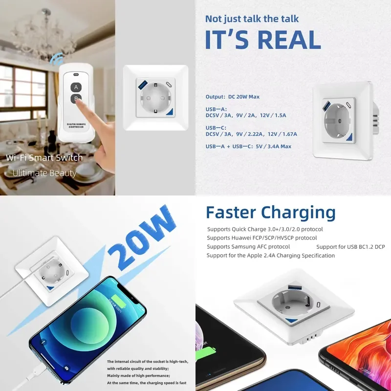 Розумна настінна розетка Wi‑Fi 16A з USB‑зарядкою (EU стандарт)