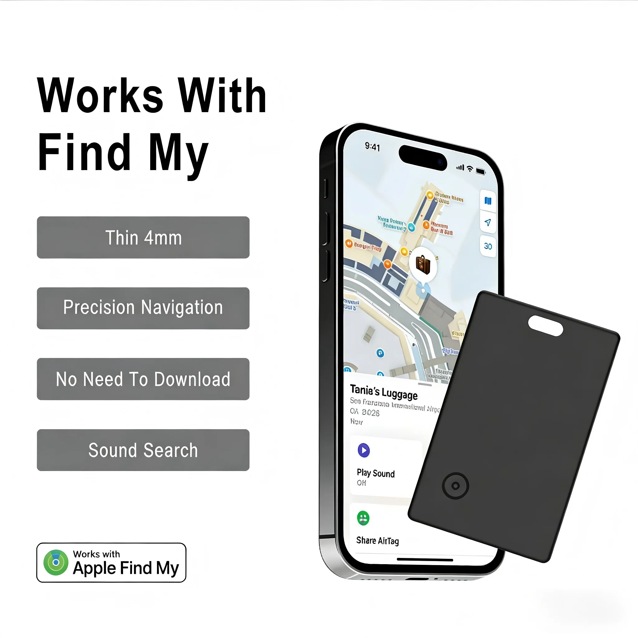 Тонкая карта-трекер для кошелька с Bluetooth, совместимая с Find My