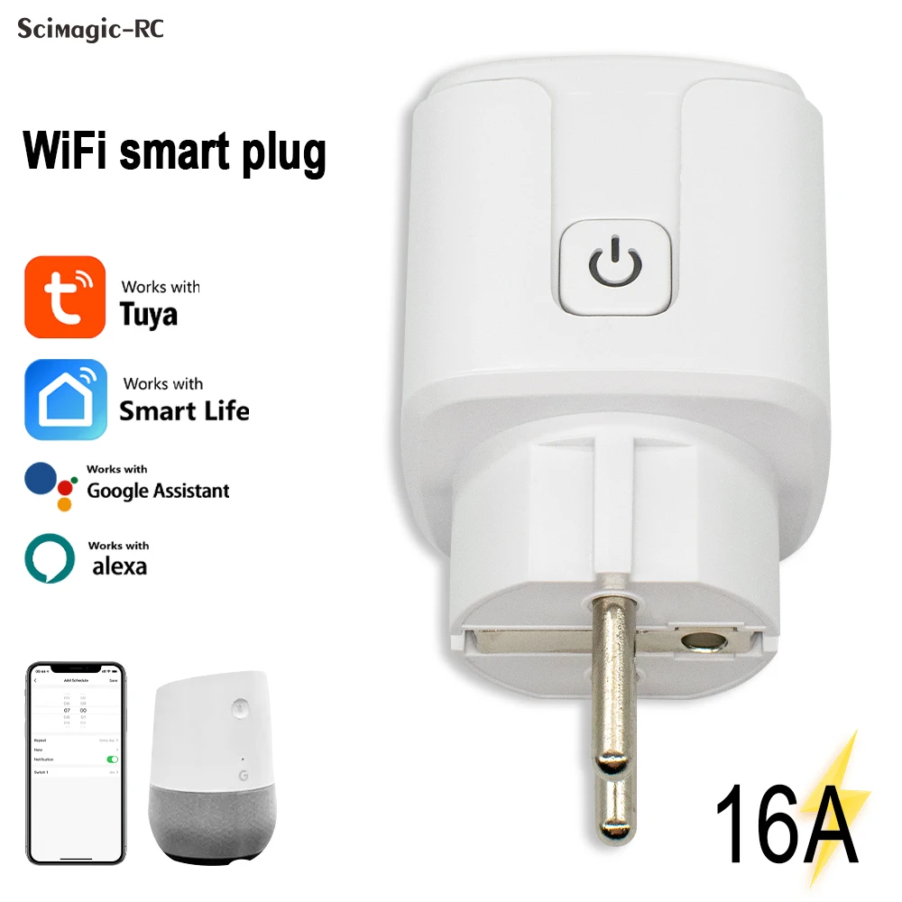 Tuya розумна Wi‑Fi розетка 16A з моніторингом споживання та таймером, керування через Smart Life, сумісна з Alexa та Google Home