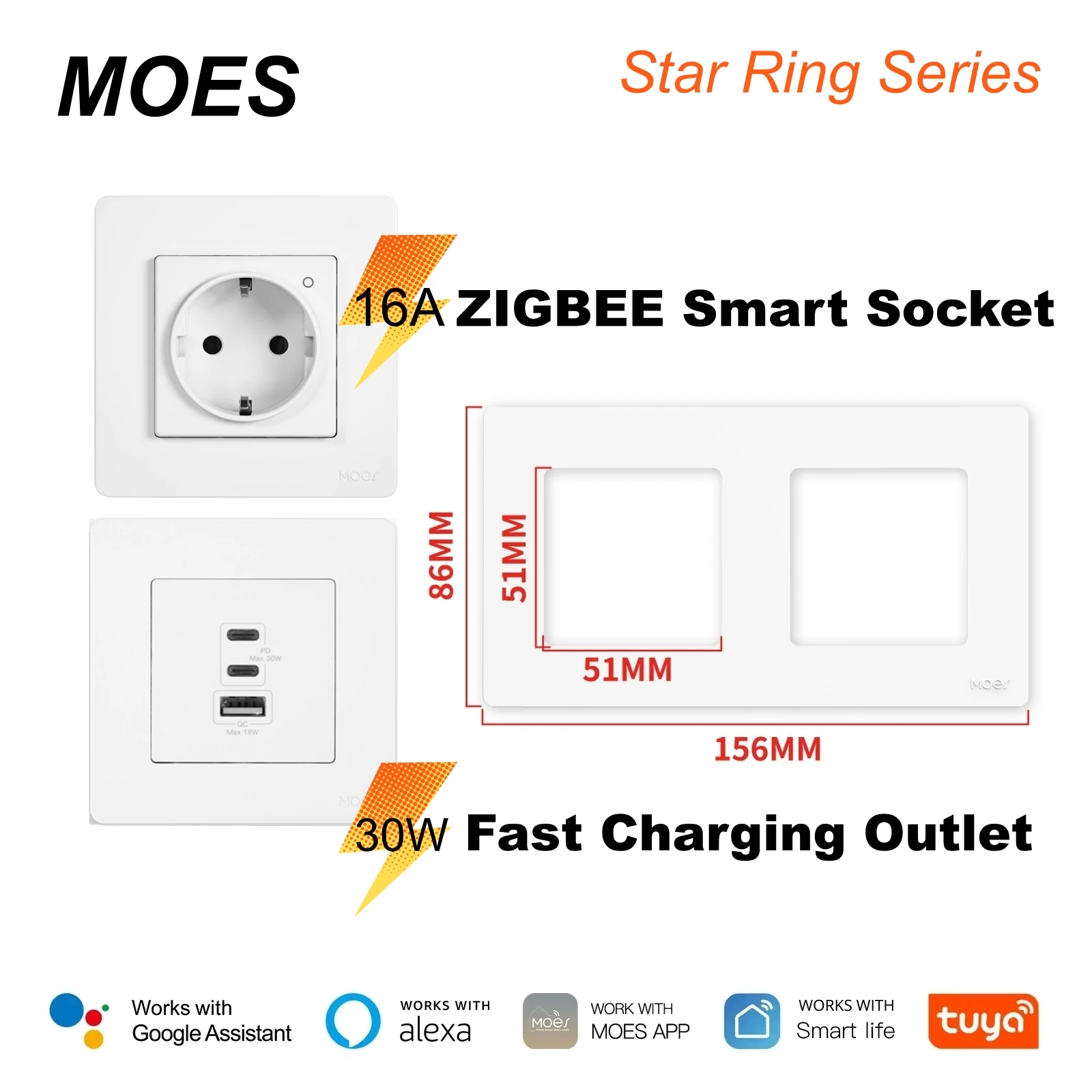 Умная розетка TUYA STAR RING ZigBee EU 30W PD3.0 GaN, 3 порта Type-C USB-A