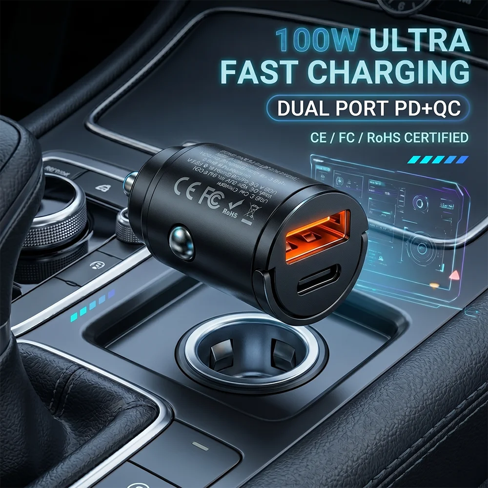 USB-C авто зарядний пристрій з двома портами, PD 3.0 та QC 3.0, металевий корпус